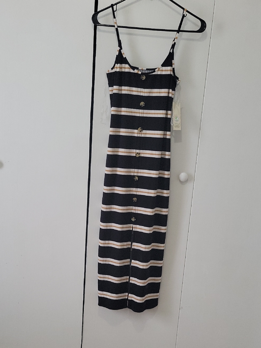 No Boundaries Black and Cream Striped Button-Front Midi Dress